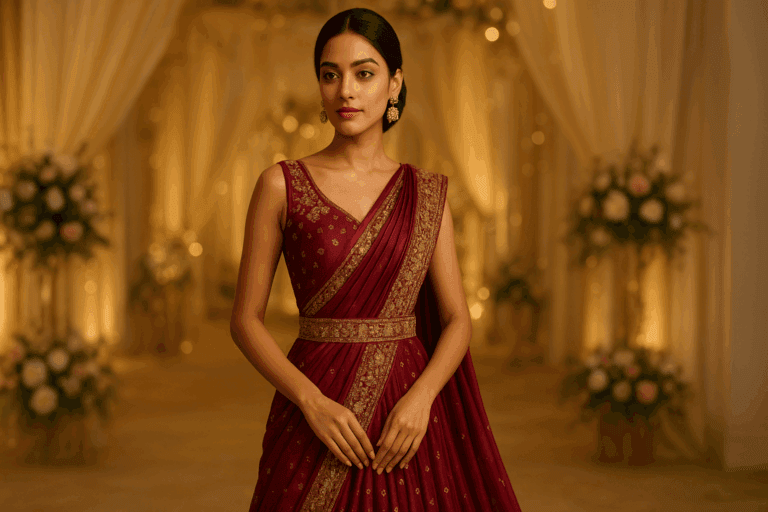 Elegant Wedding in Saree Gown Saree Style Gown – Power of Saree with Comfort of Gown