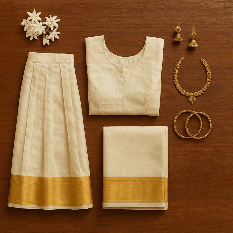 Kerala Half Saree and Gold Jewelry Kerala Style Half Saree – Tradition, Draping, and Cultural Grace