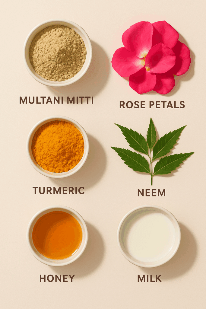 Natural Skincare Essentials Flat Lay Multani Mitti - Discover 9 Amazing Benefits of Multani Mitti