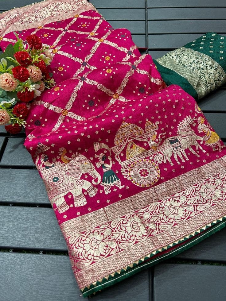 Weddingfestival Special Saree Jaipuri Traditional Handwork Ghatchola Bandhani Saree Dola Silk Zari Saree Buy Anyone Sari Necklace Free Etsy Gujarati Style Saree - The Glamourous Beauty Piece
