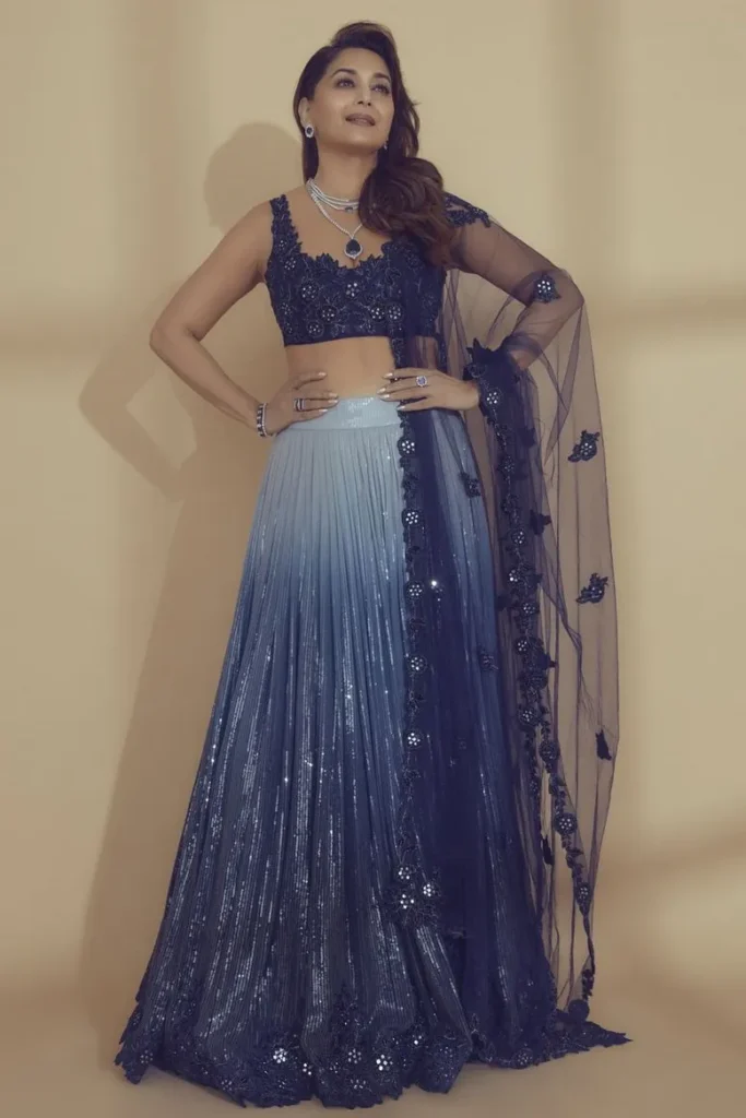 Madhuri Dixit Nene's Shimmery Blue Celebrity Lehenga by Sawan Gandhi