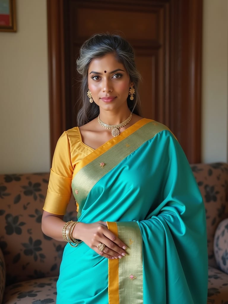 Half-Up Half-Down with Decorative Pins – Modern Drape Saree