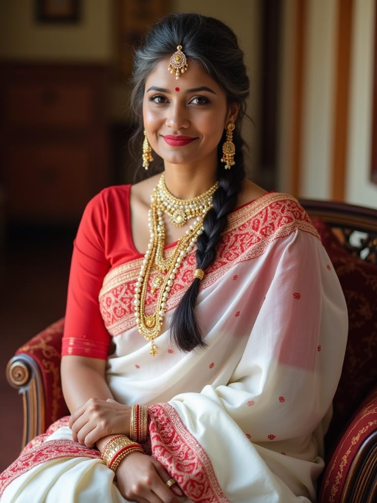 Fishtail Braid with Pearls Bengali Saree