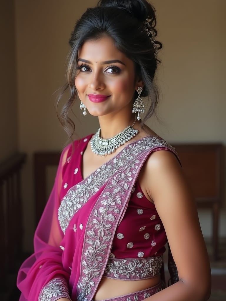 Messy Bun with Decorative Clips –  Mermaid-Style Saree