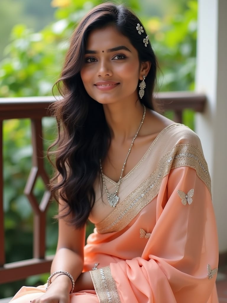 Loose Wavy Hair with Floral Pins – Butterfly-Style Saree