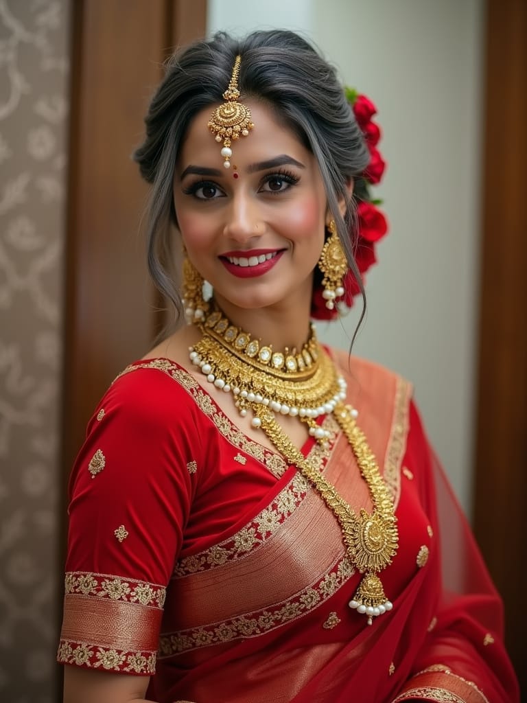 Side Bun with Floral Accessories – Red Traditional Bridal Saree