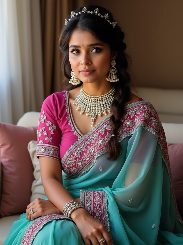 Braided Crown with Small Pearls – Half-and-Half Saree