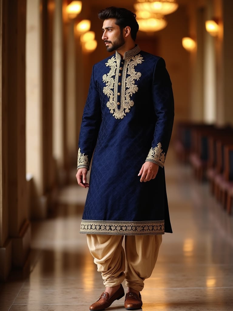 zari work kurta design for men