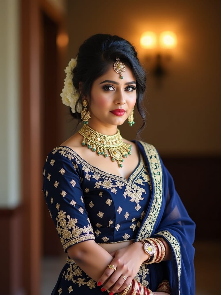 Low Messy Bun with Flowers – Lehenga-Pallu Fusion