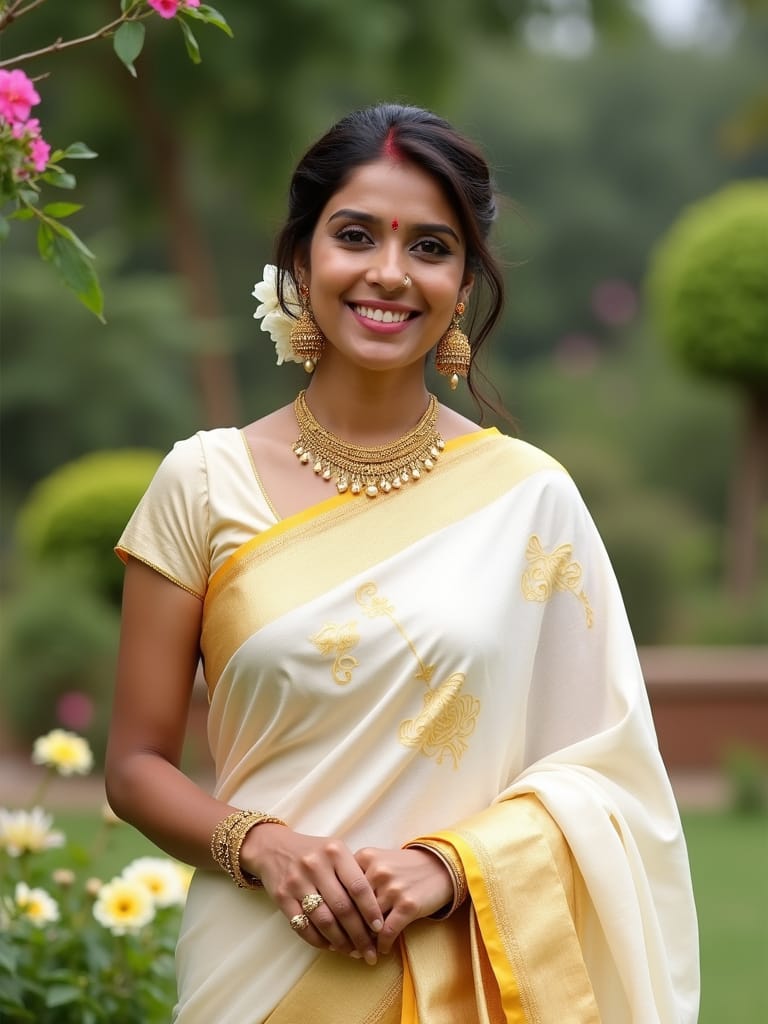 Low Bun with Gajra – Off-White & Gold Kerala Saree