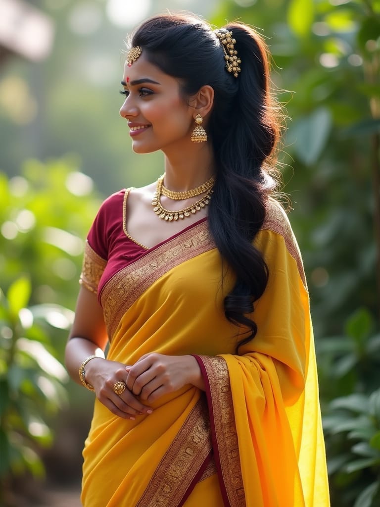 High Ponytail with Soft Curls – Layered Drape Saree