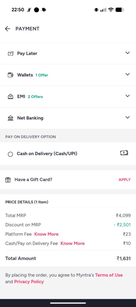 Select Myntra Credit as Payment Method