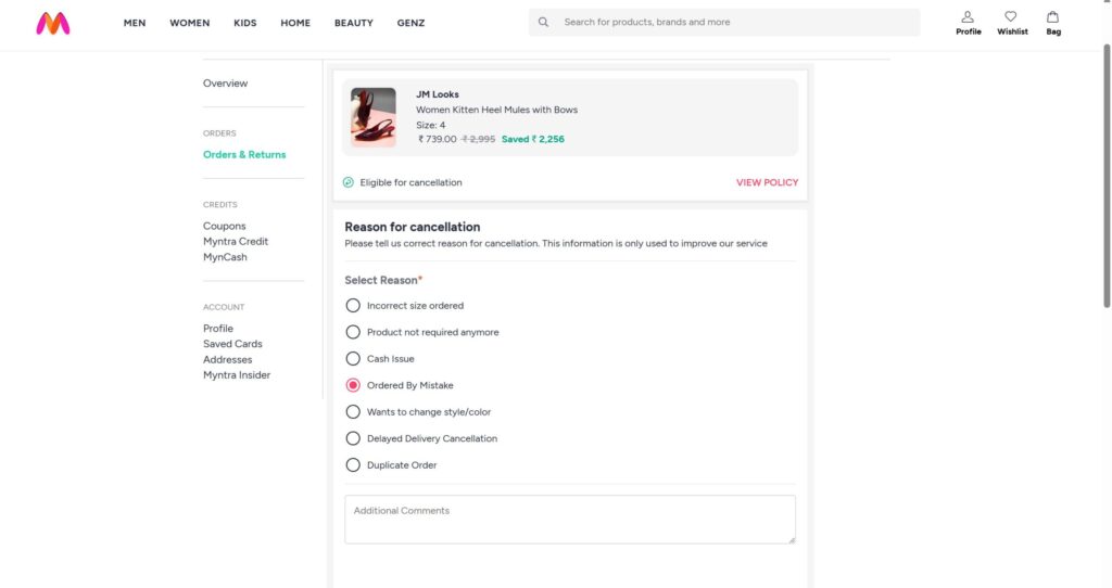 Cancellation on Myntra