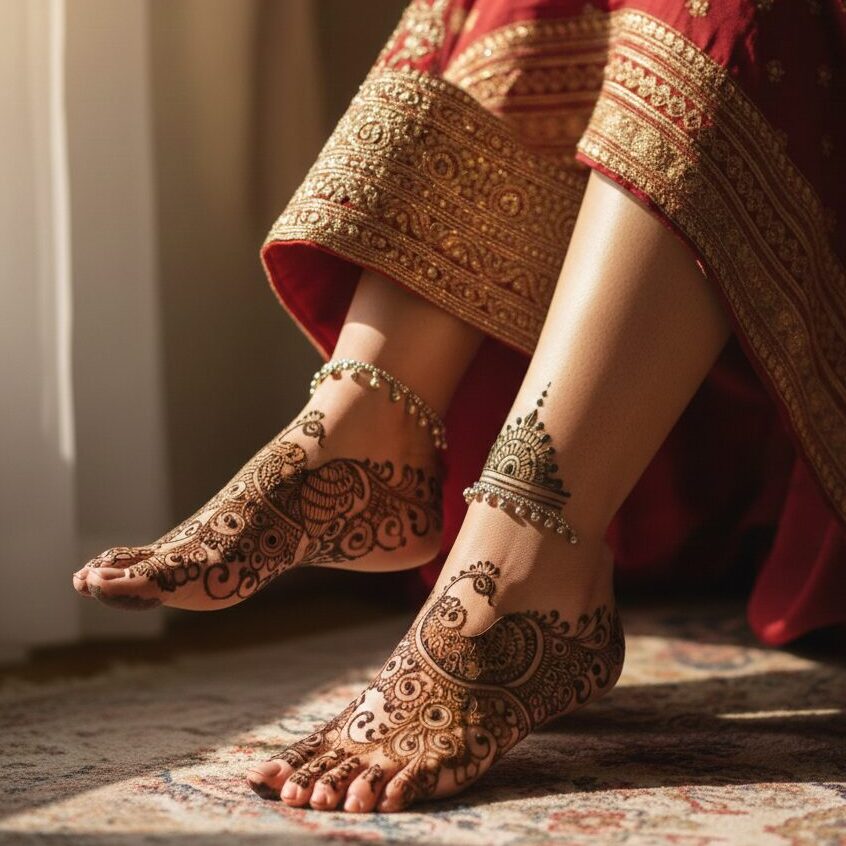 Symmetrical Traditional Leg Mehandi Design